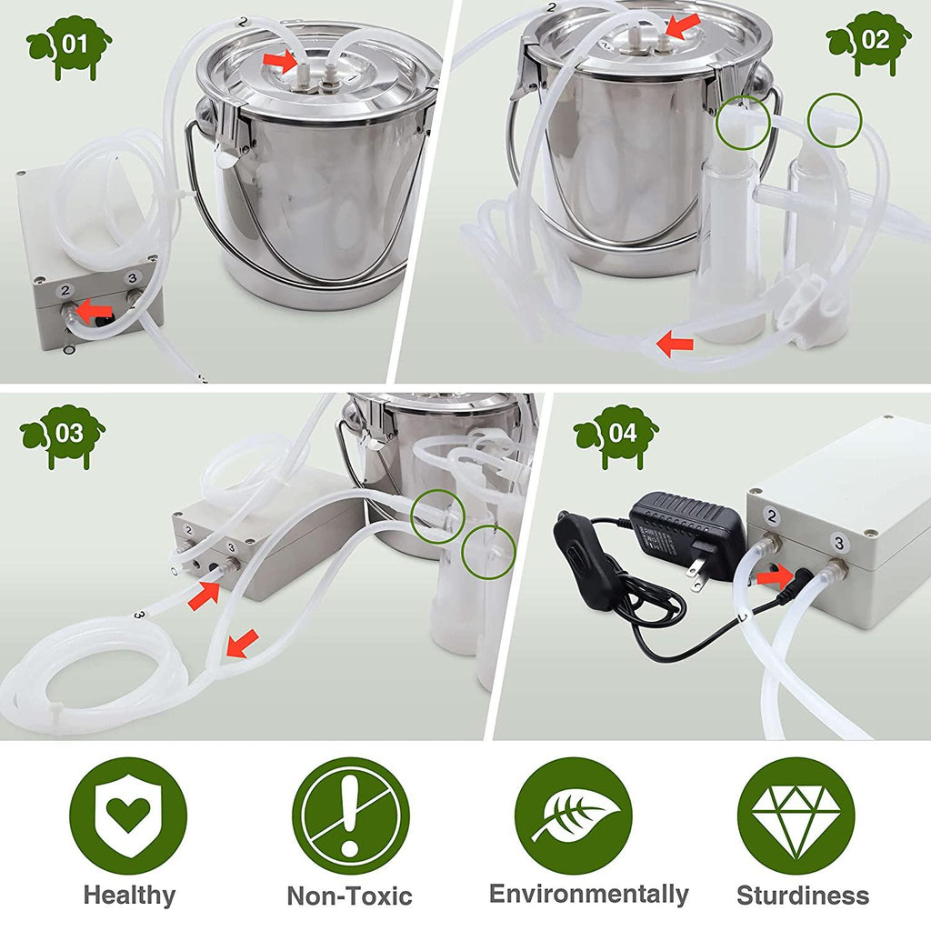 3L MilMachine for Goats - Automatic Portable Pulsation Vacuum Pump Goat Milker, Food Grade 304  Steel Milk Bucket with Auto Stop Check Valve Goat MilEquipment