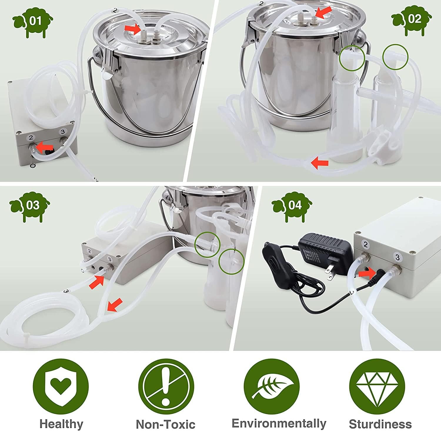 3L MilMachine for Goats - Automatic Portable Pulsation Vacuum Pump Goat Milker, Food Grade 304  Steel Milk Bucket with Auto Stop Check Valve Goat MilEquipment
