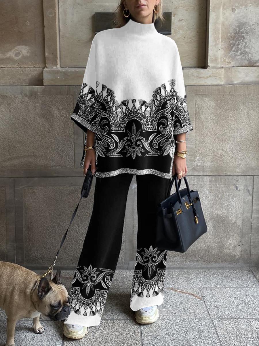 Women's Retro Ethnic Black And White Printed Loose And Comfortable Suit