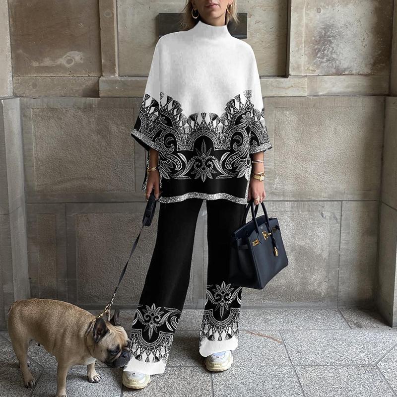 Women's Retro Ethnic Black And White Printed Loose And Comfortable Suit