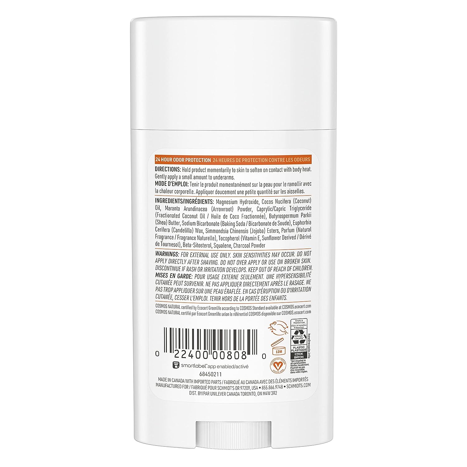 Schmidt's Aluminum Free Natural Deodorant for Women and Men, Sandalwood and Citrus with 24 Hour Odor Protection, Vegan and Cruelty Free, 2.65 oz, Pack of 4