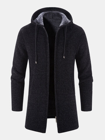 mens chenille knitted plush lined warm drawstring hooded cardigans