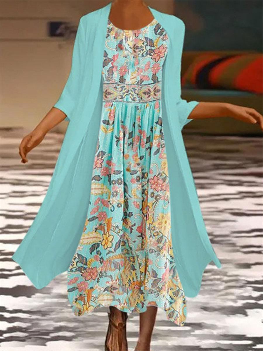 Round Neck Casual Loose Floral Print Suit Maxi Dress