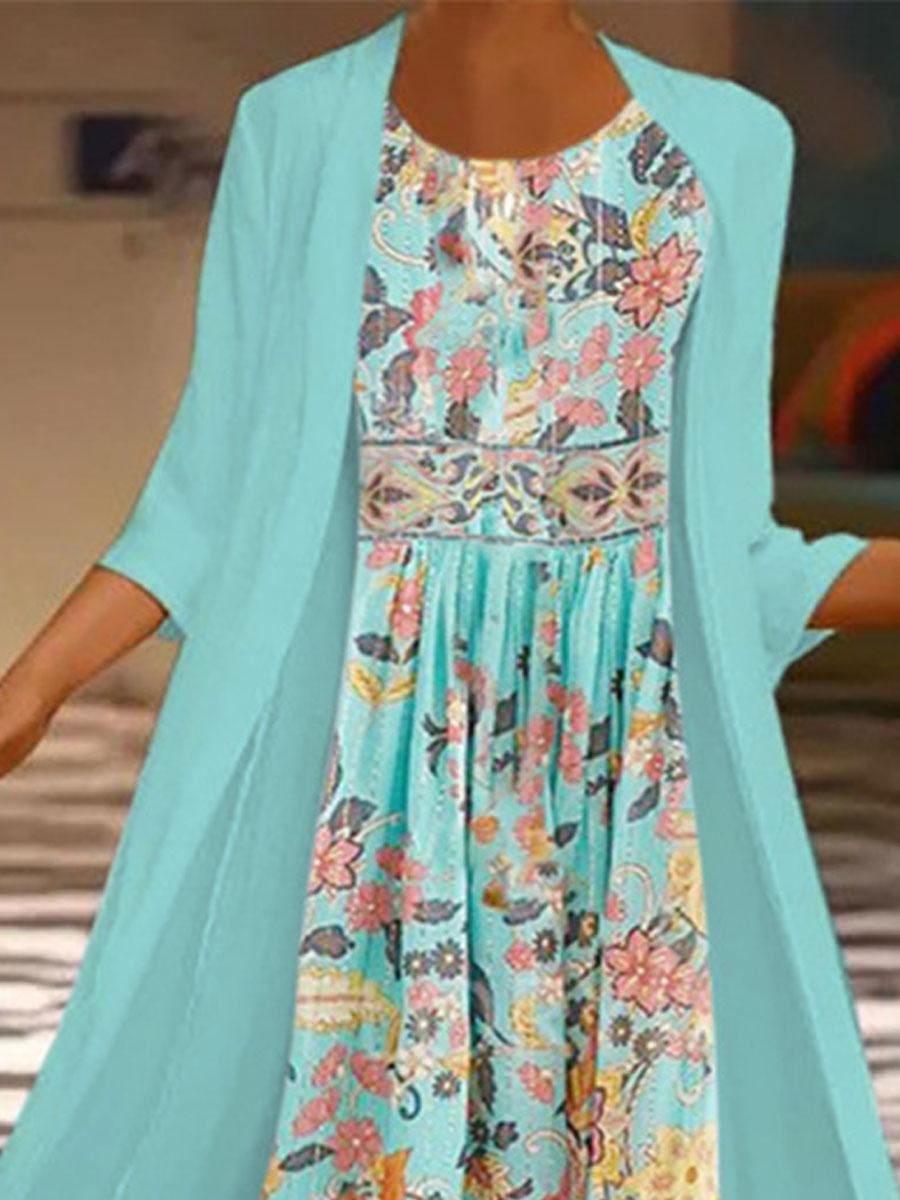 Round Neck Casual Loose Floral Print Suit Maxi Dress