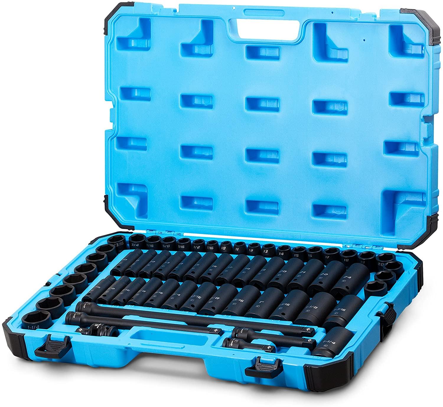 Capri Tools 1/2-Inch Drive Deep Impact Socket Set with Adapters and Extensions, Chrome Molybdenum,  Set Metric and SAE, Manganese Phosphate, 61-Piece