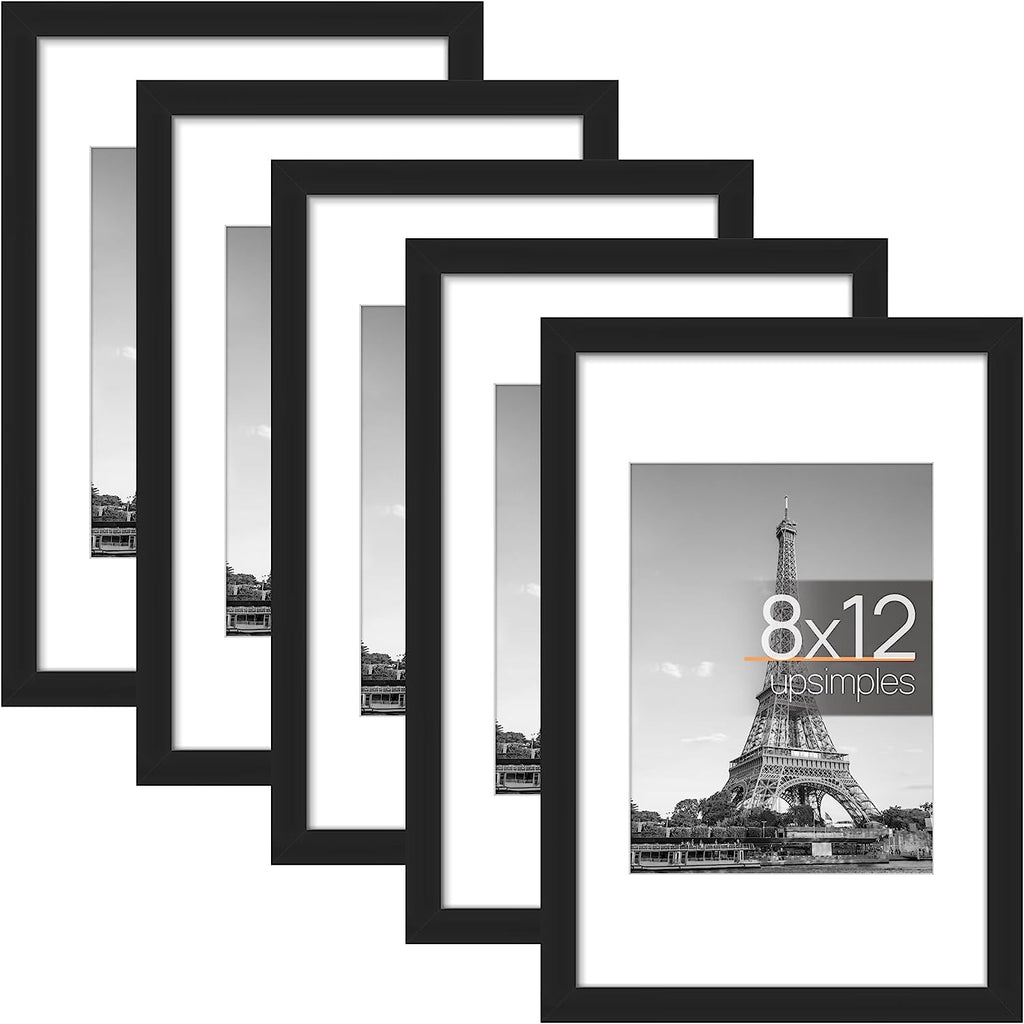 upsimples 8x12 Picture Frame Set of 5,Display Pictures 6x8 with Mat or 8x12 Without Mat,Wall Gallery Photo Frames,Black