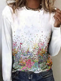 Casual Flower Print Long-sleeved Round Neck Fashion T-shirt