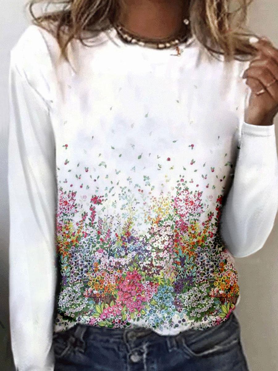 Casual Flower Print Long-sleeved Round Neck Fashion T-shirt