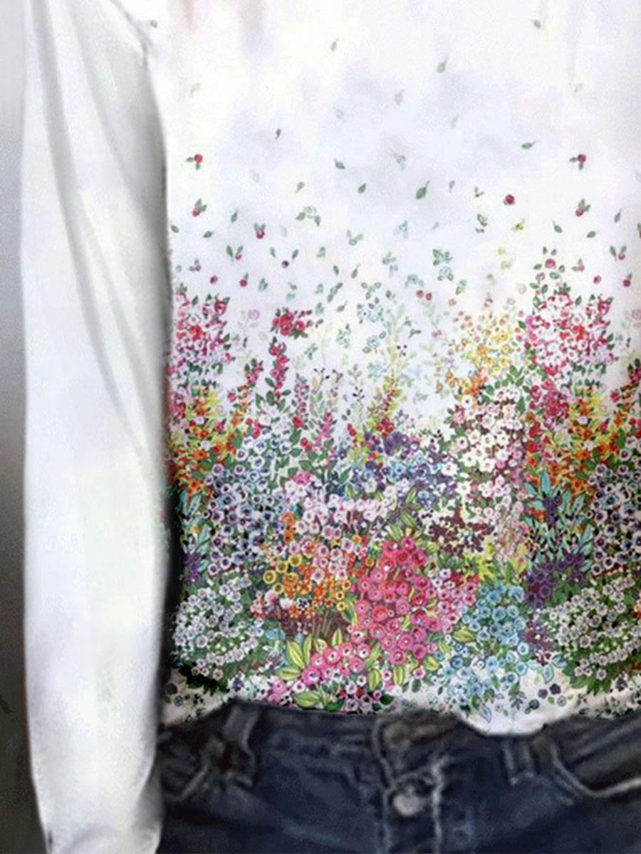 Casual Flower Print Long-sleeved Round Neck Fashion T-shirt
