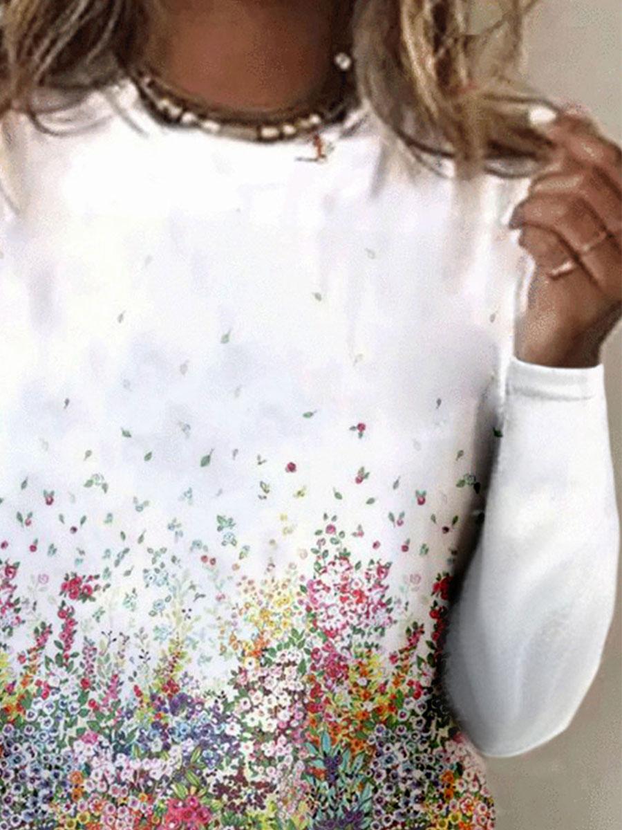Casual Flower Print Long-sleeved Round Neck Fashion T-shirt