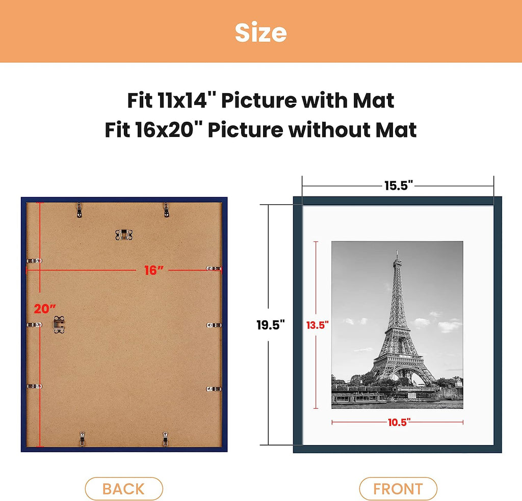 upsimples 16x20 Picture Frame Set of 5, Display Pictures 11x14 with Mat or 16x20 Without Mat,Wall Gallery Poster Frames,Navy Blue