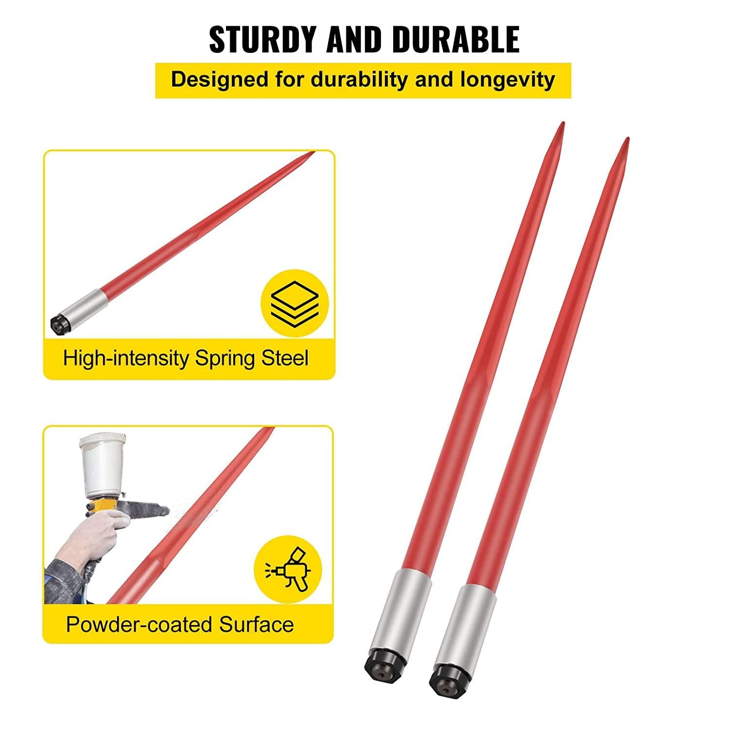 Mophorn Pair Hay Spear 49" Bale Spear 3000 lbs Capacity, Bale Spike  Attach Square Hay Bale Spears 1 3/4", Red Coated Bale Forks, Bale Hay Spike with Hex Nut & Sleeve for Buckets Tractors Loaders