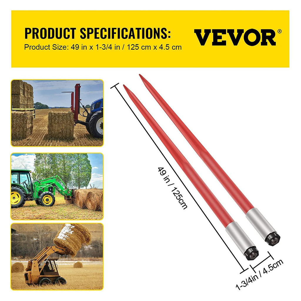 Mophorn Pair Hay Spear 49" Bale Spear 3000 lbs Capacity, Bale Spike  Attach Square Hay Bale Spears 1 3/4", Red Coated Bale Forks, Bale Hay Spike with Hex Nut & Sleeve for Buckets Tractors Loaders