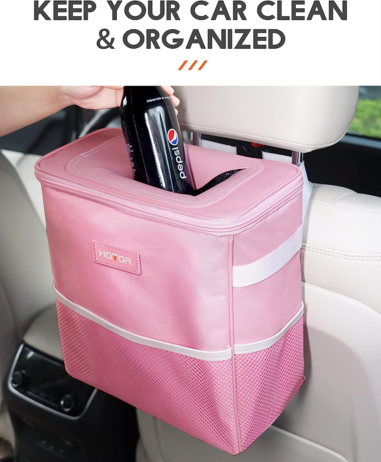 HOTOR Car Trash Can, 3-Gallon Ultra-Large Car Garbage Can, 100% Leakproof &amp; Waterproof Trash Can for Car, Multipurpose Car Trash Bin with Adjustable Straps, Magnetic Buckles, Mesh Pockets (Pink)