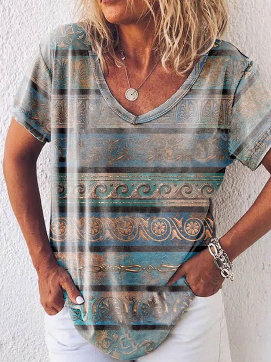 Fashion Paisley Printed V-neck Short Sleeve T-shirt