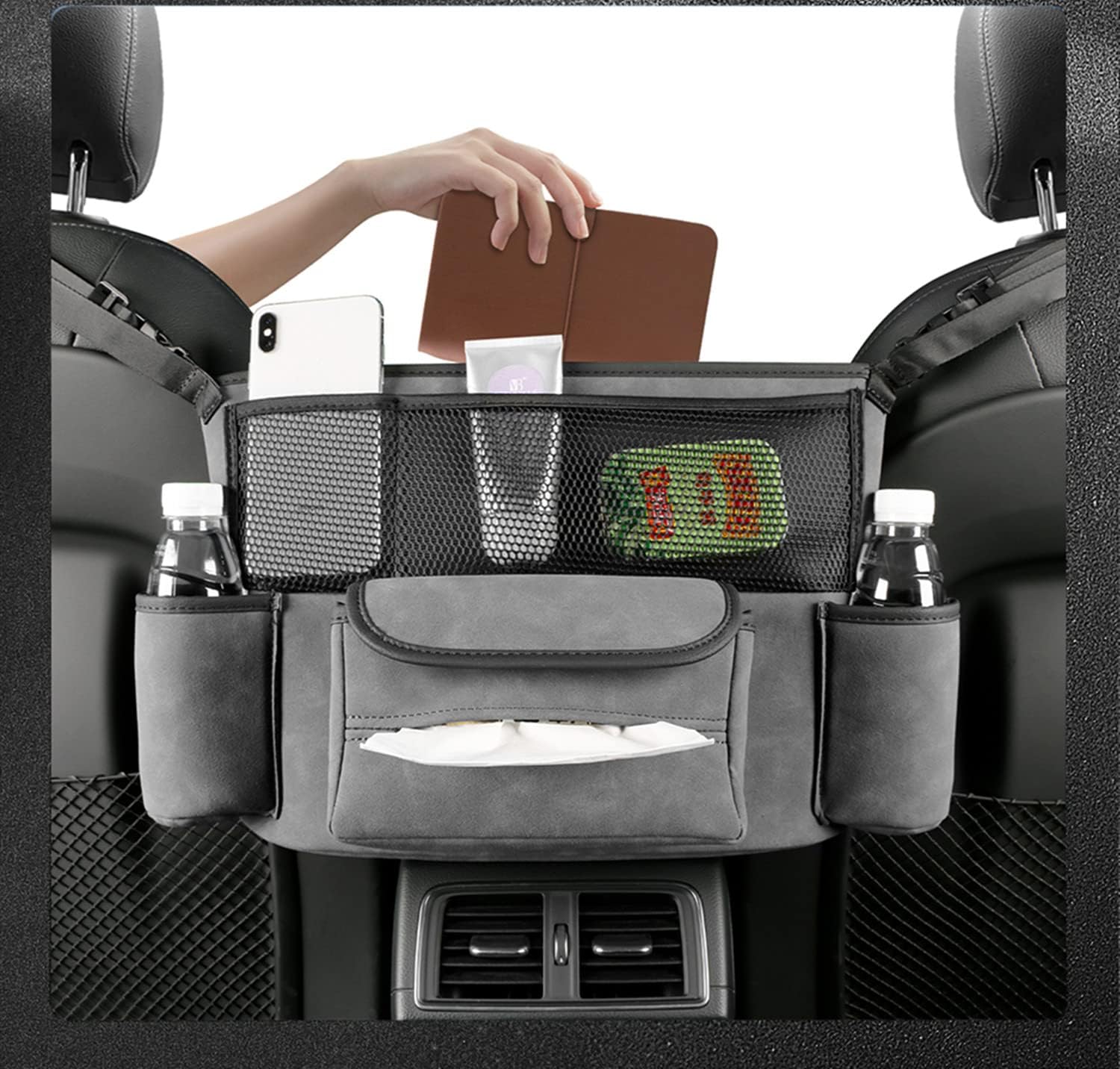 JEYODA Car Handbag Holder Between Seats Suede Large Capacity Car Purse Holder Automotive Consoles &amp; Organizers for Document Phone Storage Car Organizer(1925-style 2 grey)