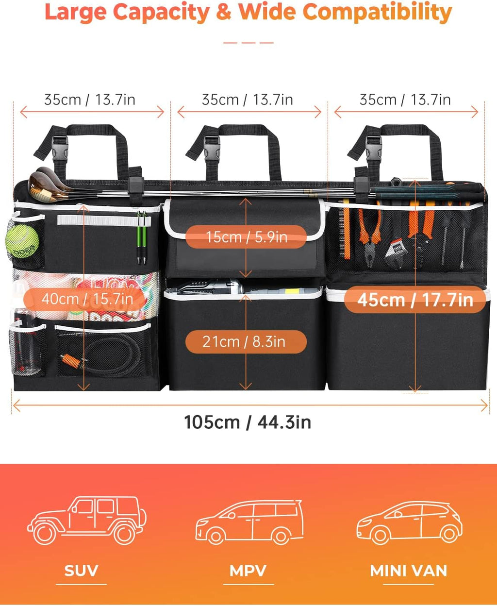 Oasser Car Storage Organizer Version, Hanging Trunk Organizer with 10 Different Functional Storage Bags, Car Trunk Organizer for SUV Truck MPV VAN
