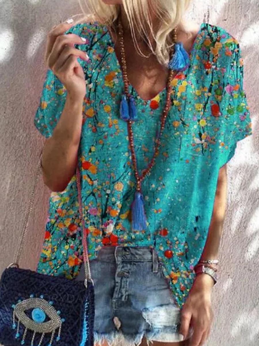 Ladies V-neck Printed Casual Short-sleeved T-shirt