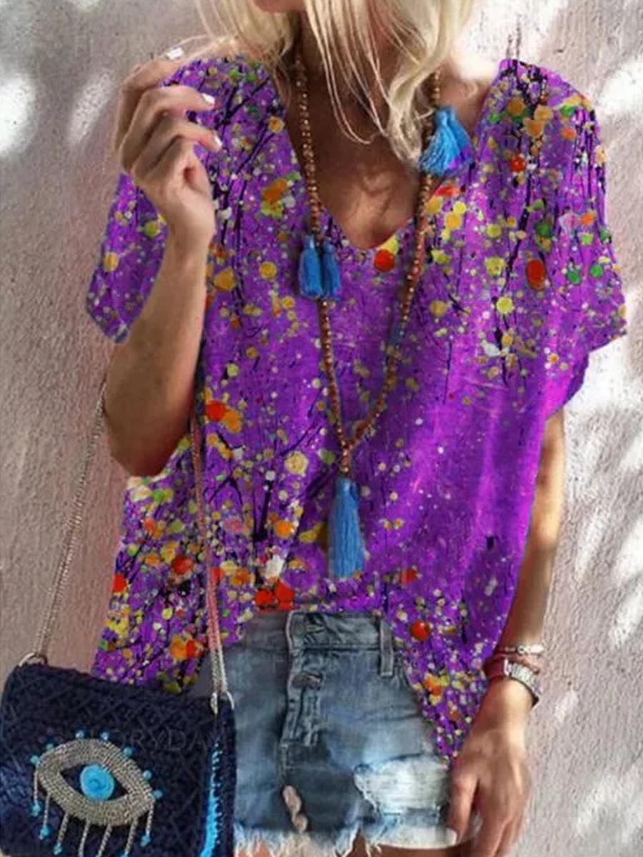 Ladies V-neck Printed Casual Short-sleeved T-shirt