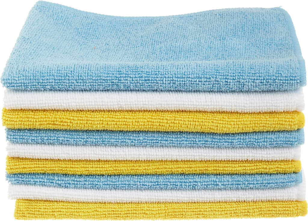 Amazon Basics Microfiber Cleaning Cloth, Non-Abrasive, Reusable and Washable, Pack of 144, Blue/White/Yellow, 16" x 12"