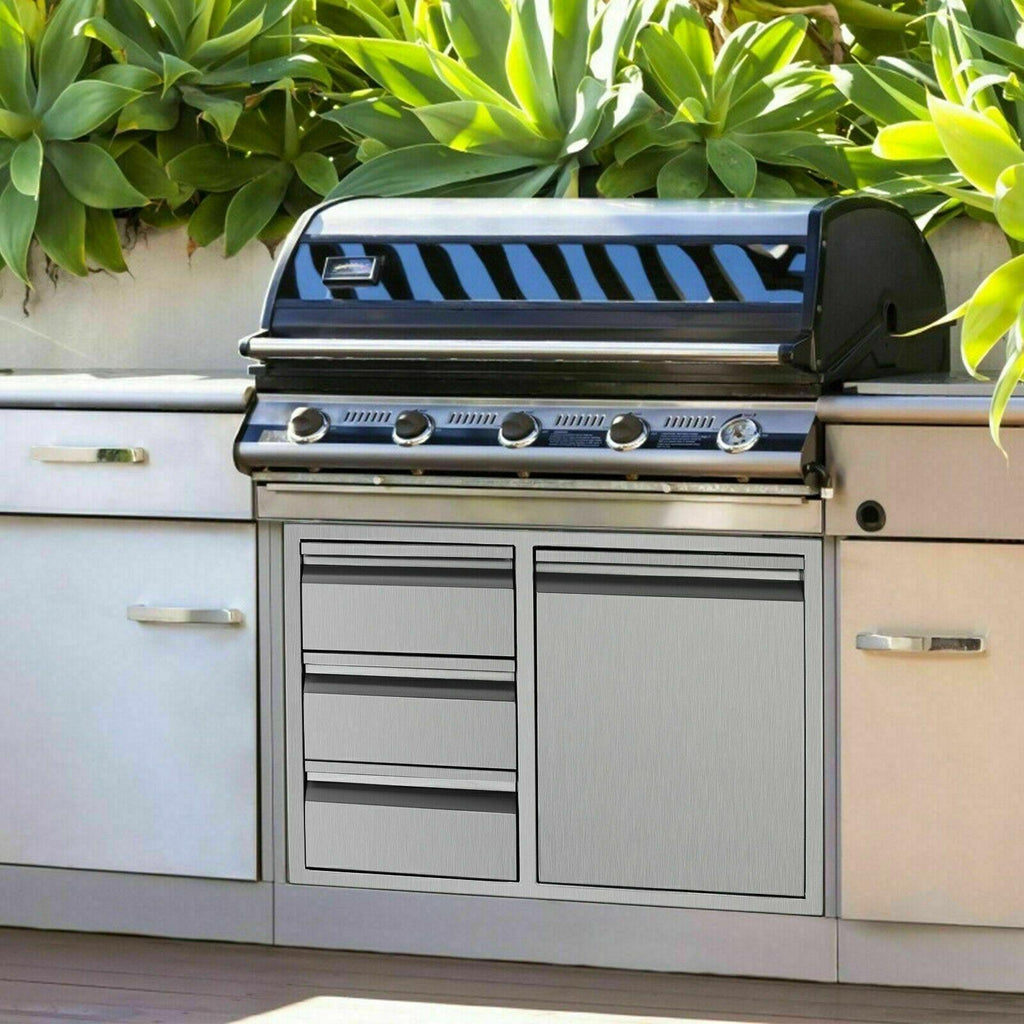 BBQ Access Door Triple Drawer Combo 28"x18" Polished Outdoor Kitchen Flush Mount
