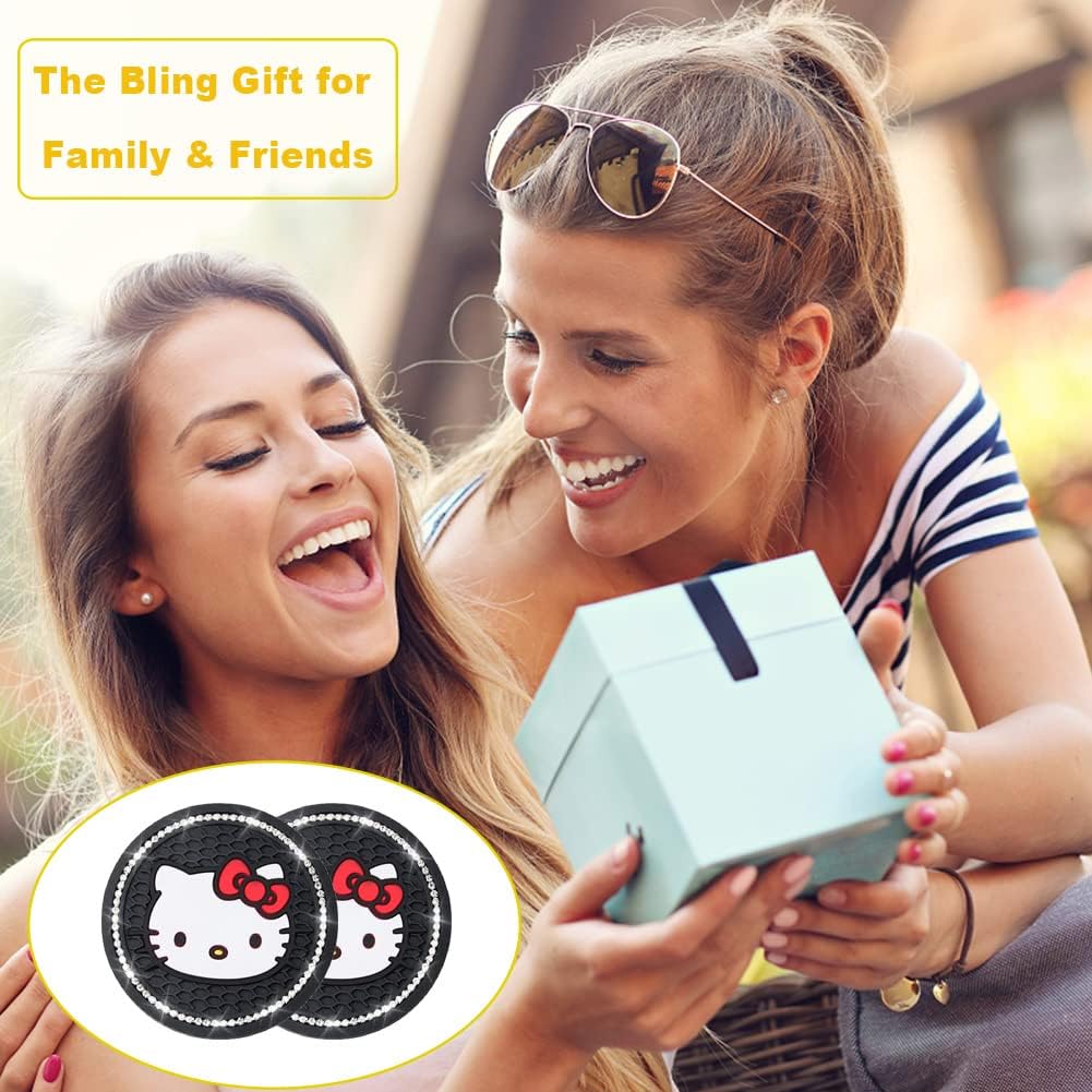 2PCS Car Cup Holders Coasters Hello Kitty,Black Silicone Anti-Slip Car Drink Coasters for Women Girls, Car Cup Pads, 2.75 Inch