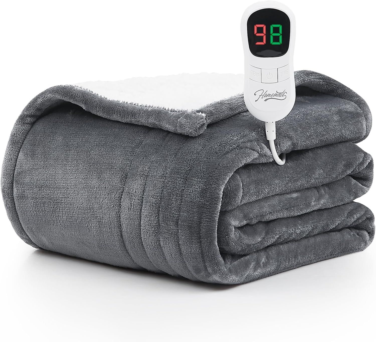 Homemate Heated Blanket Electric Throw - 50"x60" Heating Blanket Throw 1/2/4/6/8 Hours Auto-off 10 Heat Level Heat Blanket Over-heat Protection Flannel Sherpa Heater Blanket Electric ETL Certification
