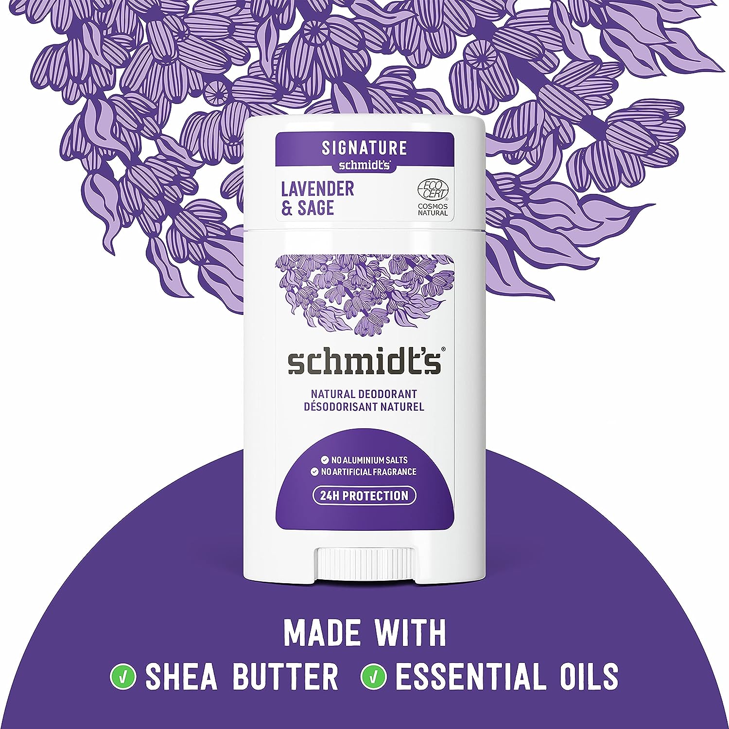 Schmidt's Aluminum Free Natural Deodorant for Women and Men, Lavender and Sage with 24 Hour Odor Protection, Vegan, Cruelty Free, 2.65 Oz, Pack of 2