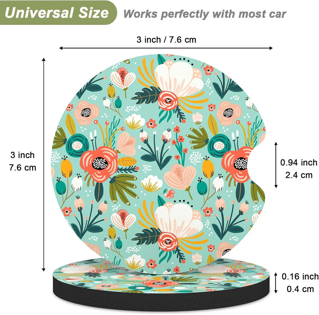 Nipichsha Car Cup Holder Coasters, Car Coasters for Cup Holders, 2 Pack Anti Slip Insert Coasters, Rubber Car Cup Mat with A Finger Notch, Cute Car Interior Accessories for Women Men(Green Flower)