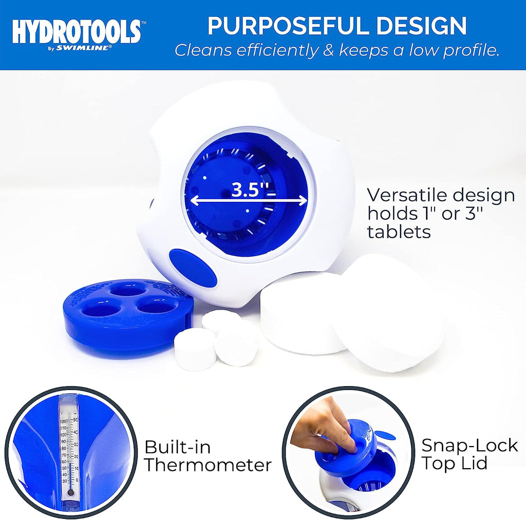 HYDROTOOLS BY SWIMLINE 87400 Large Capacity Pool &amp; Spa Chemical Dispenser Thermometer Combo | Compatible Bromine &amp; Chlorine Supports 1-3’’ Tablets | Adjustable Customizable Flow Rate | Cost Effective