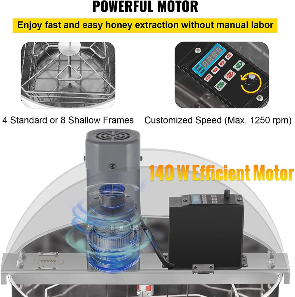 Electric Honey Extractor, 8 Frame Beekeeping Extraction，Only 4 Deep Frames Honey Extractor, Food-Grade  Steel Honeycomb Drum Spinner, Apiary CentrifuEquipment with Height Adj Stand