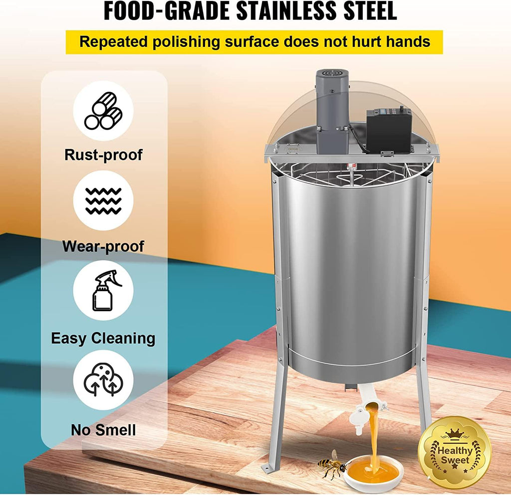 Electric Honey Extractor, 8 Frame Beekeeping Extraction，Only 4 Deep Frames Honey Extractor, Food-Grade  Steel Honeycomb Drum Spinner, Apiary CentrifuEquipment with Height Adj Stand