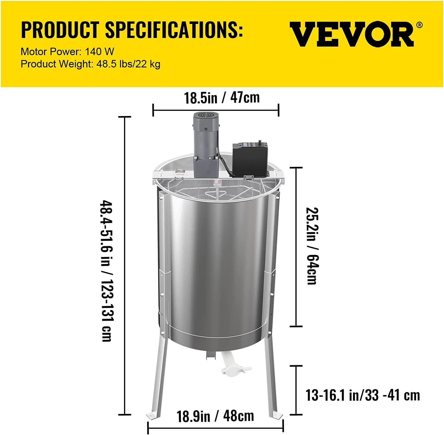 Electric Honey Extractor, 8 Frame Beekeeping Extraction，Only 4 Deep Frames Honey Extractor, Food-Grade  Steel Honeycomb Drum Spinner, Apiary CentrifuEquipment with Height Adj Stand