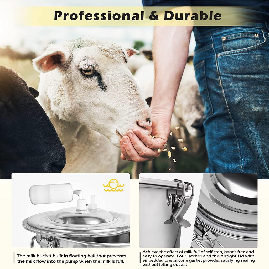 ZOING 5L Goat MilMachine, Rechargeable 5200mAh Battery Pulsation Speed Adjustable Vacuum Pump, 304  Steel Bucket with Auto Stop Check Valve Electric Goat Milker Machine