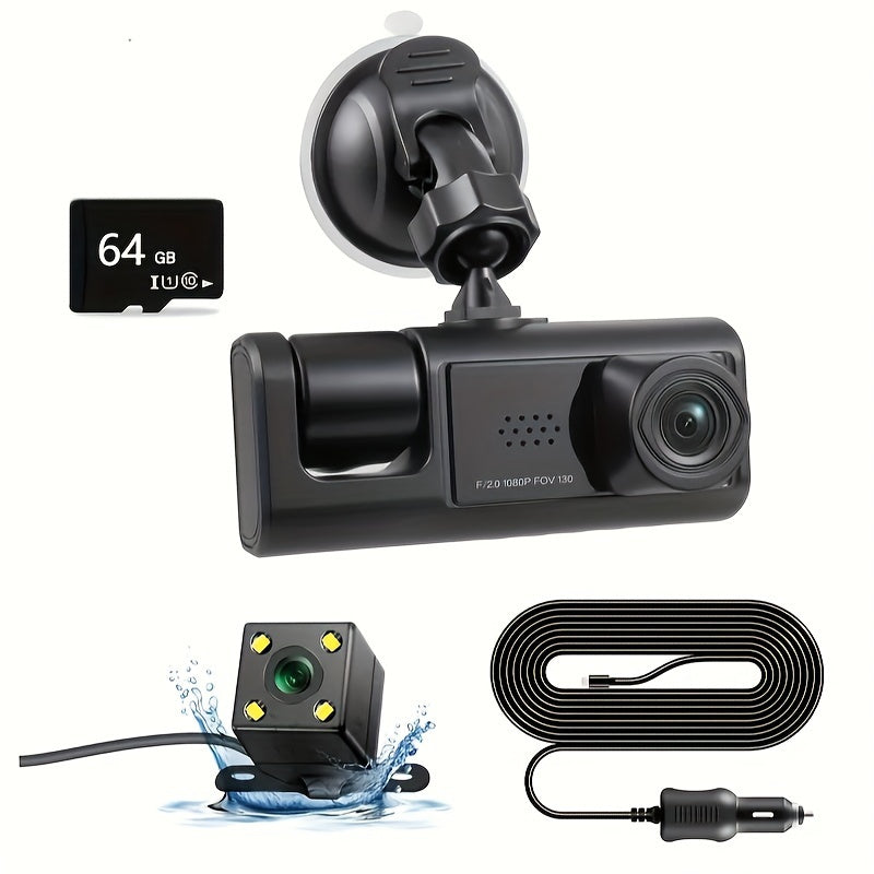 3 Camera Lens Car DVR, 3-Channel Dash Cam HD 1080P Front And Rear Dual Lens Dashcam ParLot Monitoring, Infrared Night Vision Image