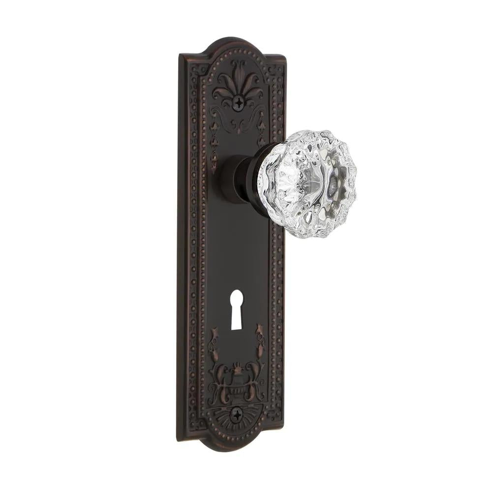 Meadows Plate with Keyhole 2-3/8 in. Backset Timeless Bronze Privacy Bed/Bath Crystal Glass Door Knob