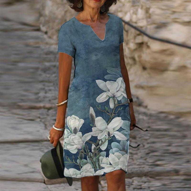 Fashion V-neck Short-sleeved Positioning Printing Dress