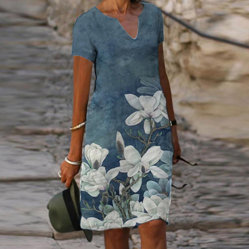 Fashion V-neck Short-sleeved Positioning Printing Dress