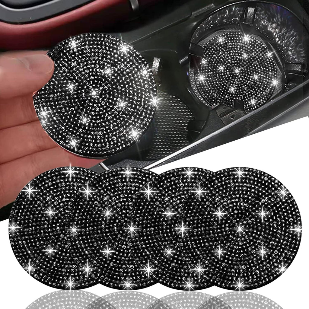 4pcs Bling Car Coaster, Universal Bling Car Interior Accessories for Women, 2.75 inch Silicone Anti-Slip Shockproof Fashion Vehicle Automotive Cup Holder Coasters Insert Crystal Rhinestone (Black)