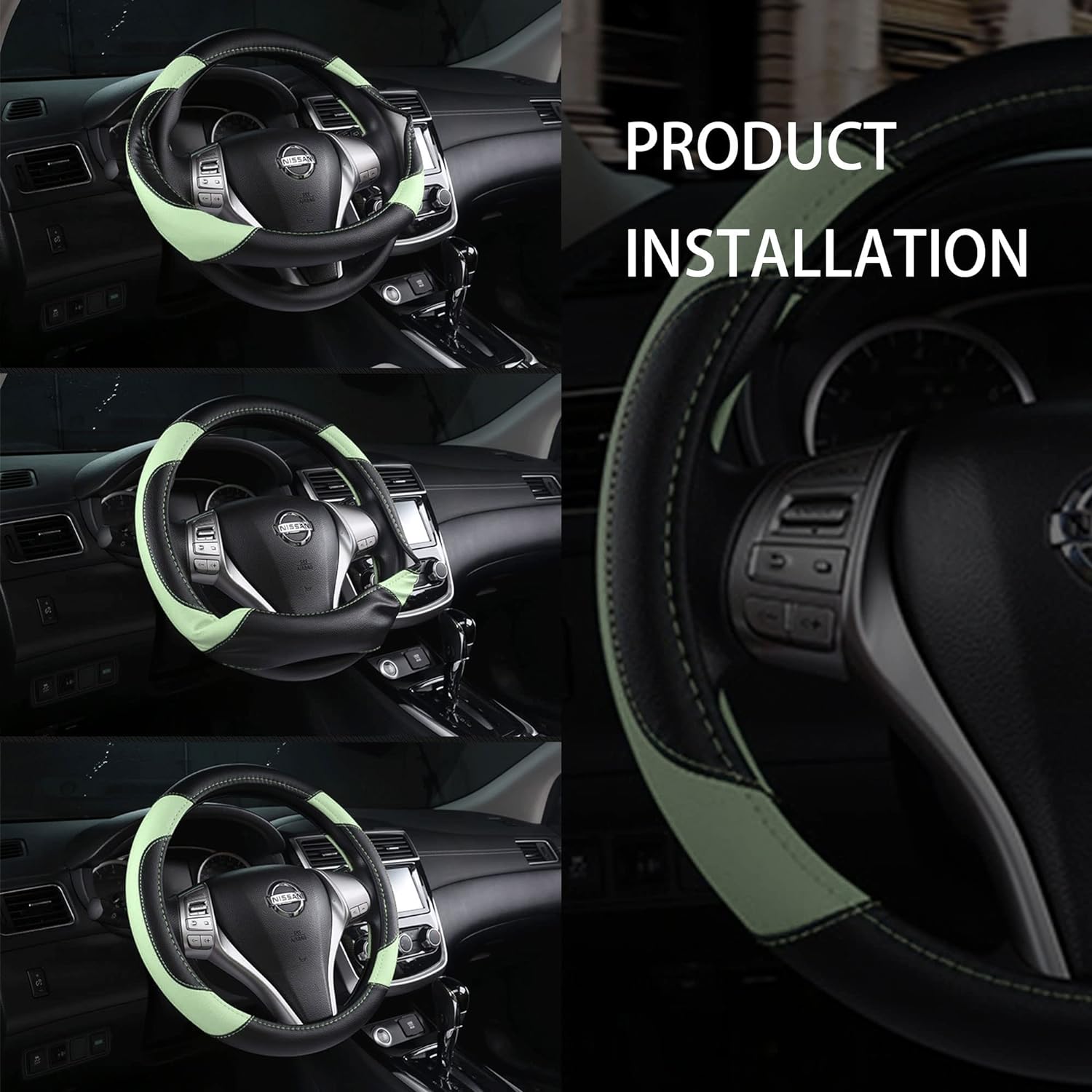 Leather Car Steering Wheel Cover, Non-Slip Car Wheel Cover Protector Breathable Microfiber Leather Universal Fit for Most Cars (Green)