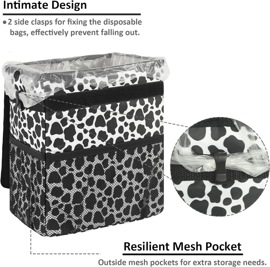 Vankor Car Trash Can for Car Cute Bag Bin Hanging Waterproof Automotive Car Garbage Cans Leak Proof Vehicle Trash Can Cow Print