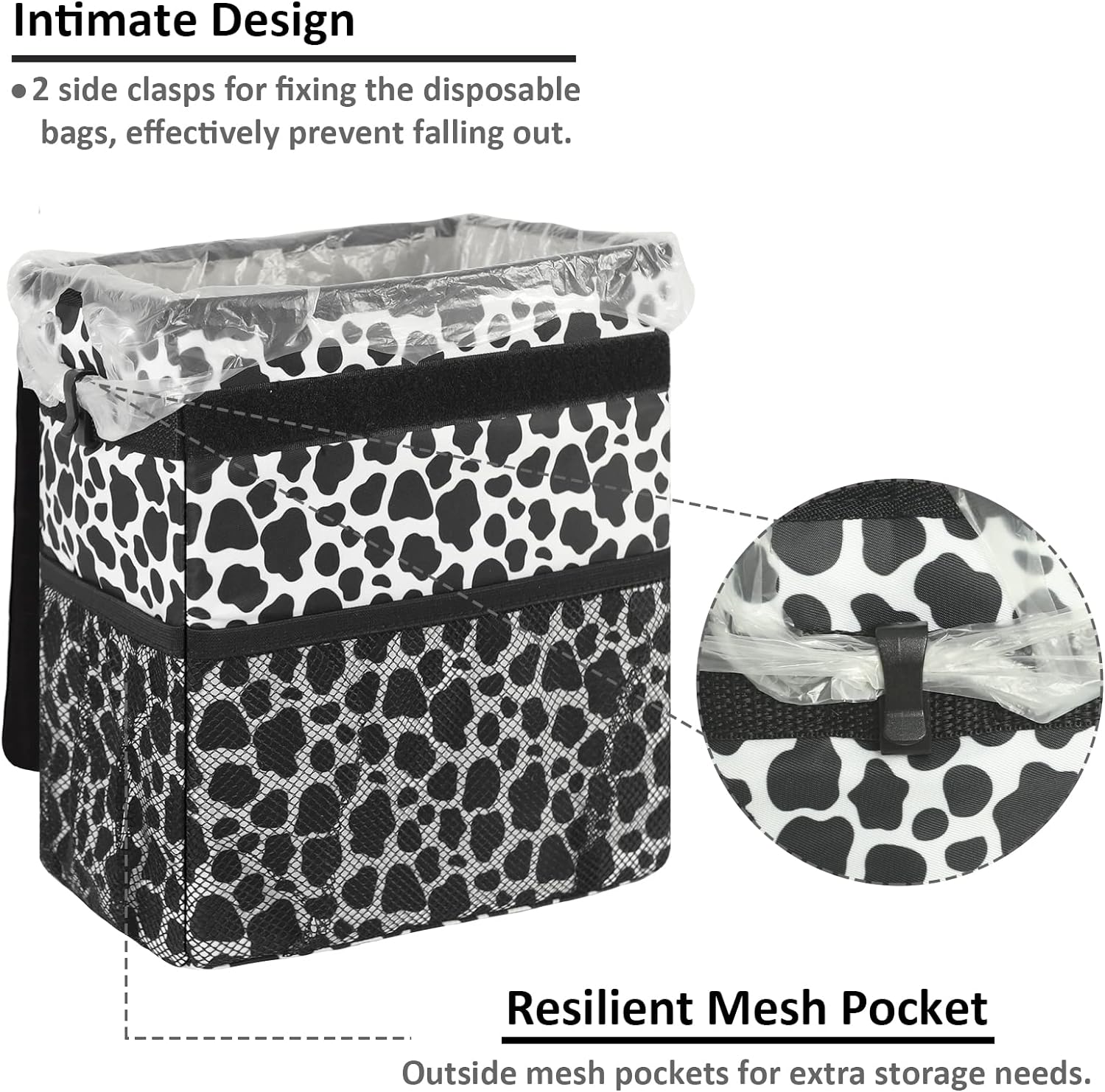 Vankor Car Trash Can for Car Cute Bag Bin Hanging Waterproof Automotive Car Garbage Cans Leak Proof Vehicle Trash Can Cow Print