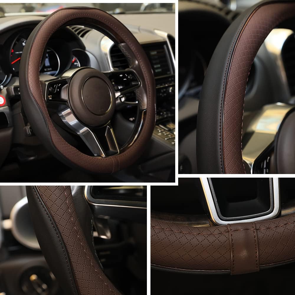 Gomass Car Steering Wheel Cover, Anti-Slip, Safety, Soft, Breathable, Heavy Duty, Thick, Full Surround, Sports Style (Black Brown)