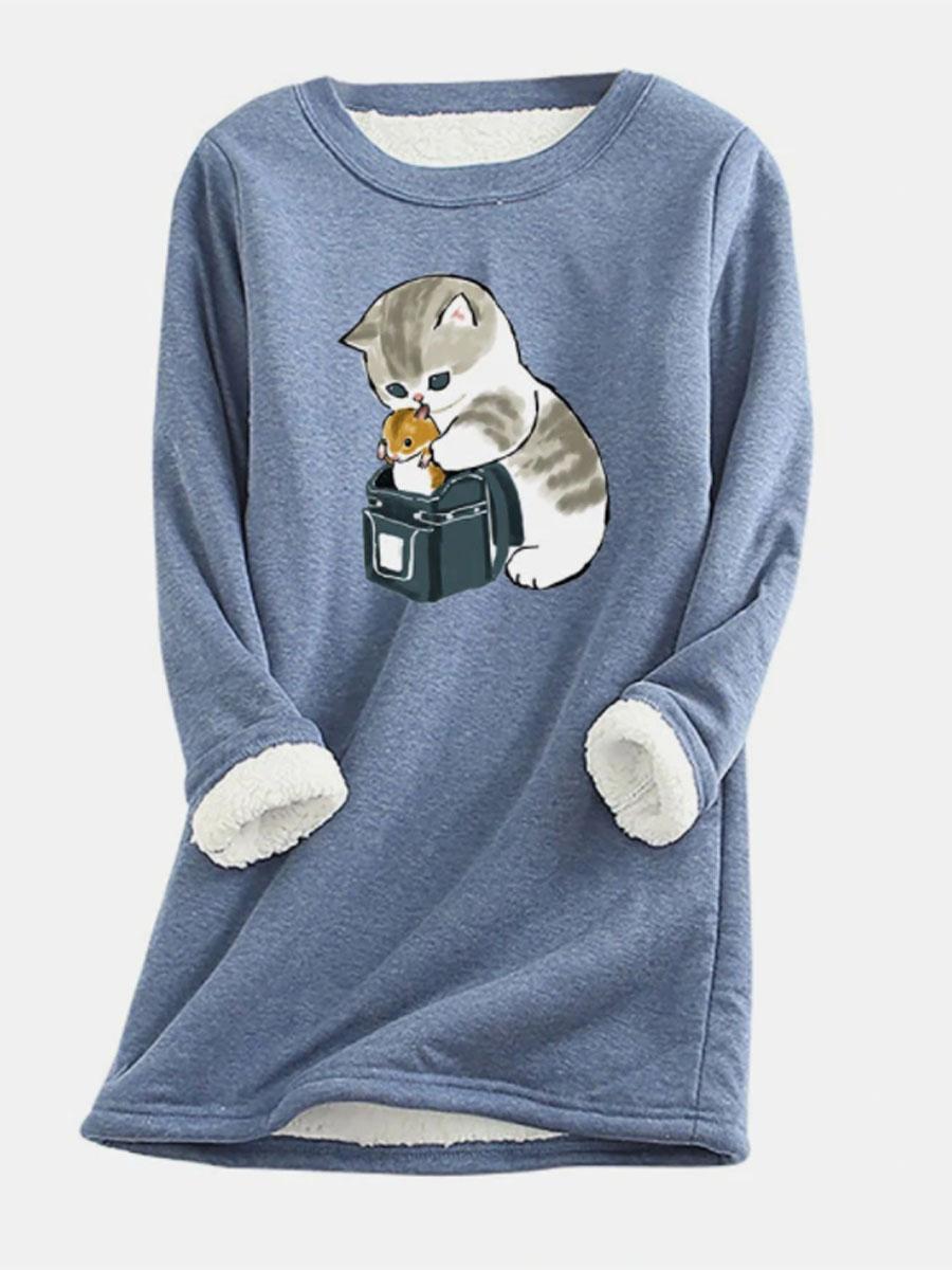 Round Neck Fun Cat Print Plus Velvet Long-sleeved T-shirt