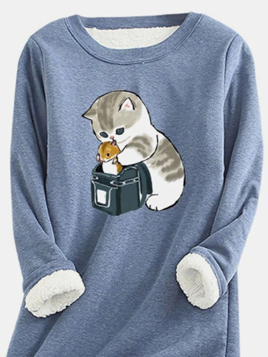 Round Neck Fun Cat Print Plus Velvet Long-sleeved T-shirt