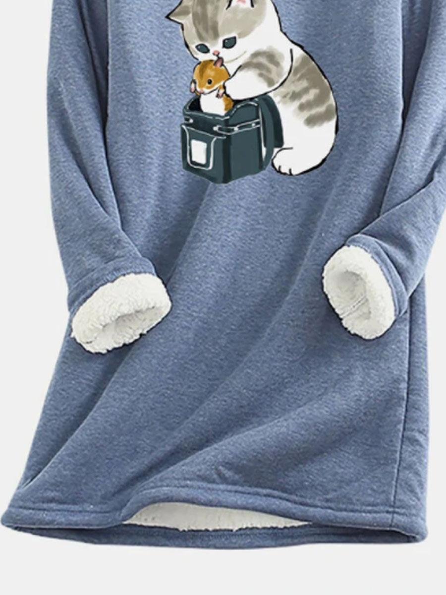Round Neck Fun Cat Print Plus Velvet Long-sleeved T-shirt