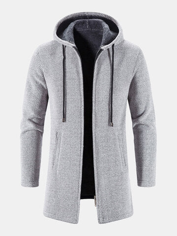 mens chenille knitted plush lined warm drawstring hooded cardigans