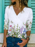 Ladies V-neck Printed Long Sleeve T-shirt