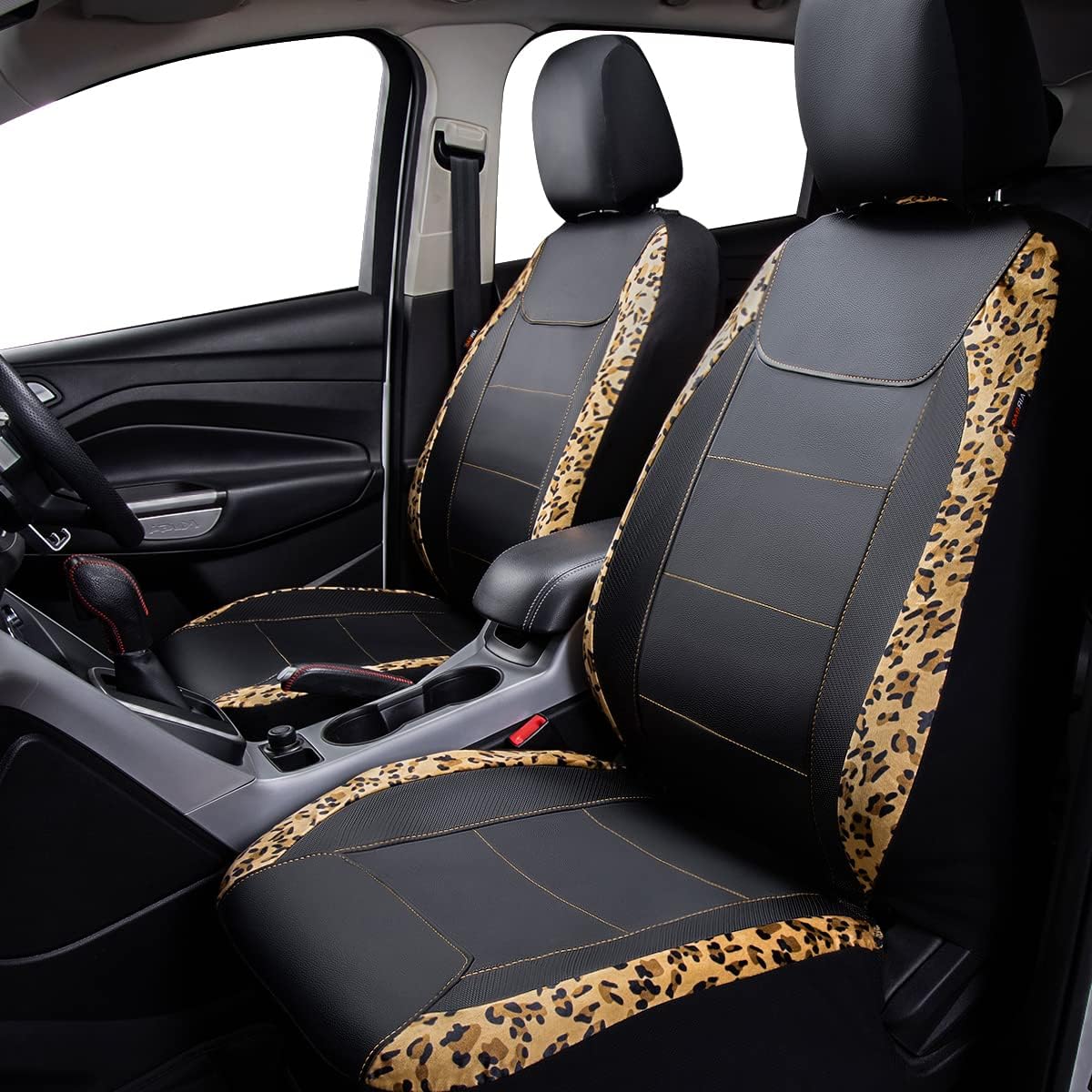 Flying Banner car seat Covers Protects Leopard Printing Velvet Faux Leather Carbon Fiber Front Pair Carbon Fibre (Leopard Black, Front Pair)