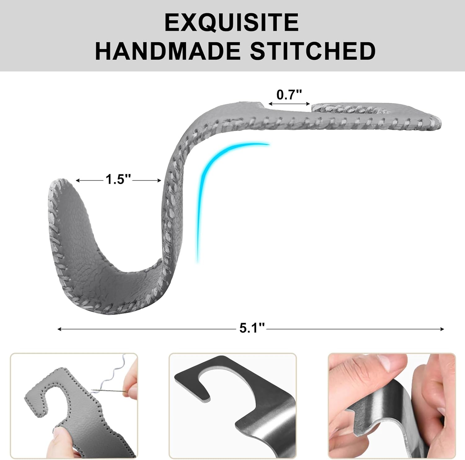EldHus Seat Hooks for Purses and Bags, 2 Pack Car Purse Holder for Grocery Bag Handbag Clothes, Metal Headrest Hooks Covered by Leather, Grey